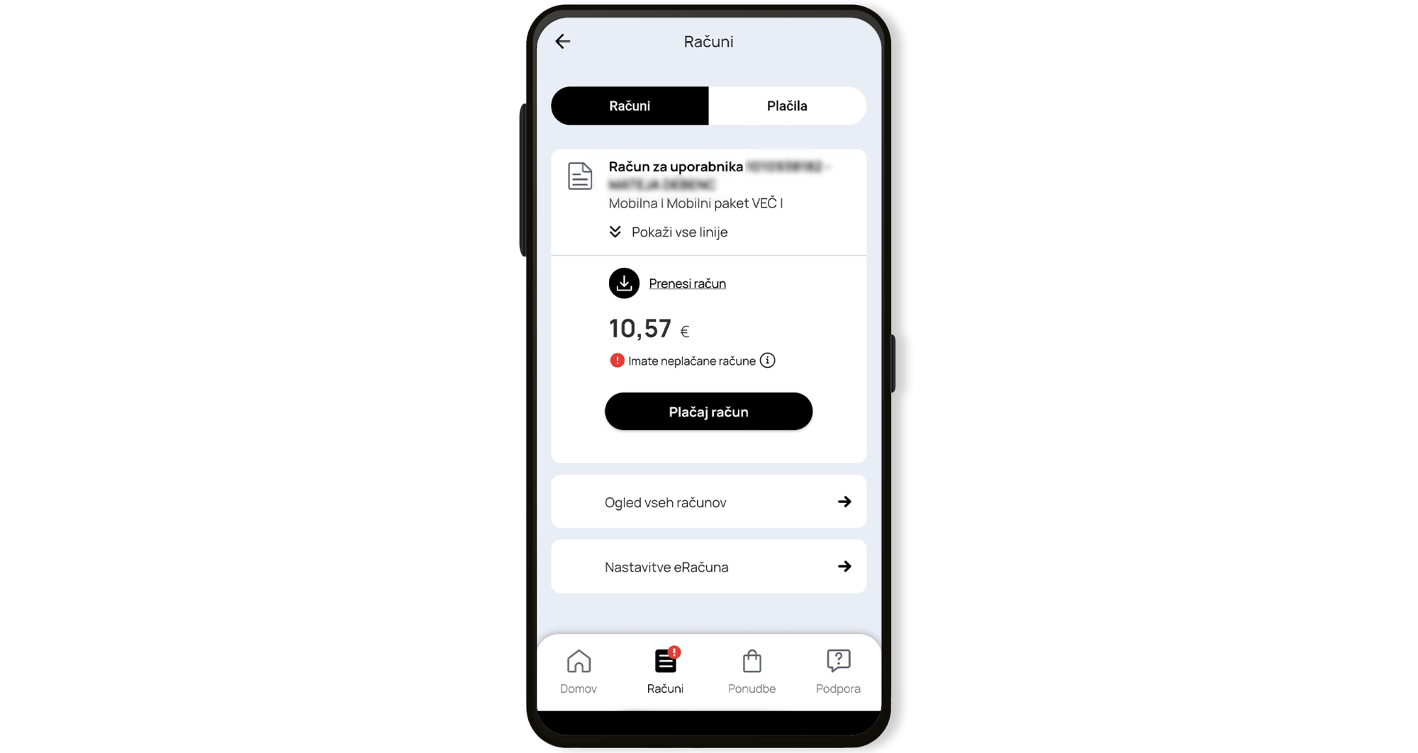 Prikaz in možnost plačila računov v aplikaciji Telemach