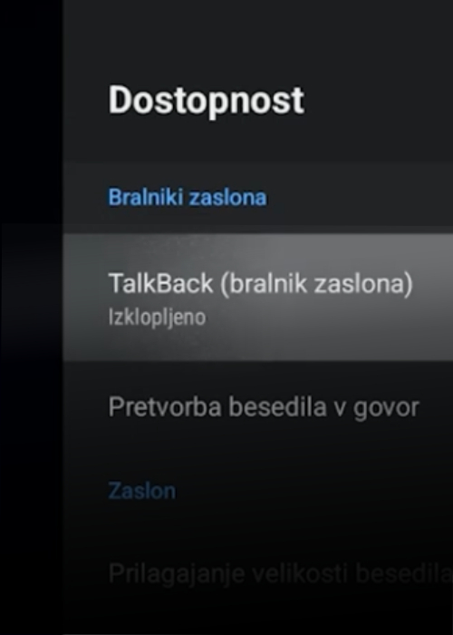 Vklop bralnika zaslona za osebe z okvarov vida