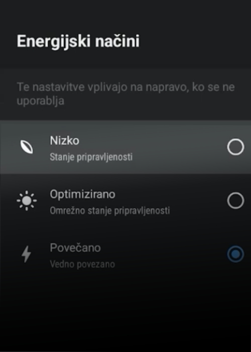 Nastavitve za varčevalni način in mirovanje